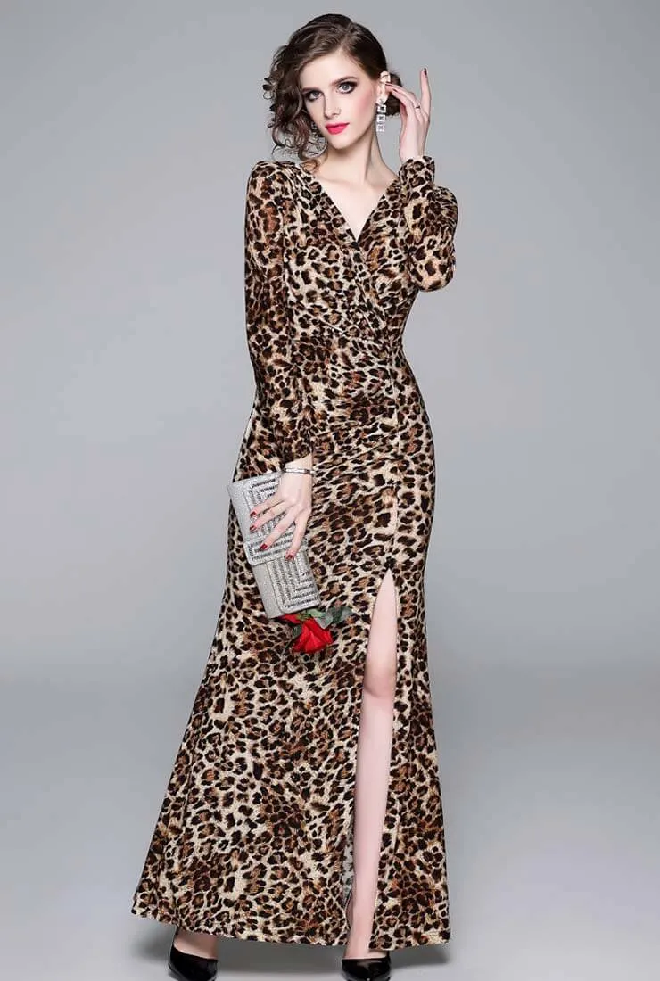 Side Slit Leopard Print Maxi Cocktail Dress