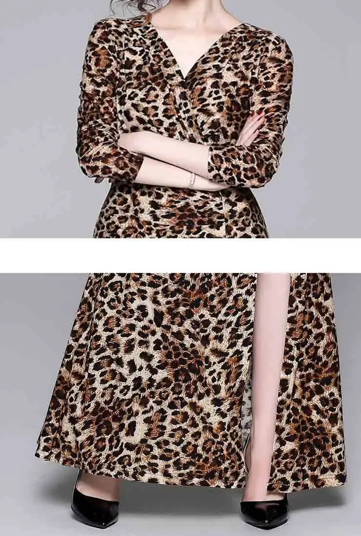 Side Slit Leopard Print Maxi Cocktail Dress