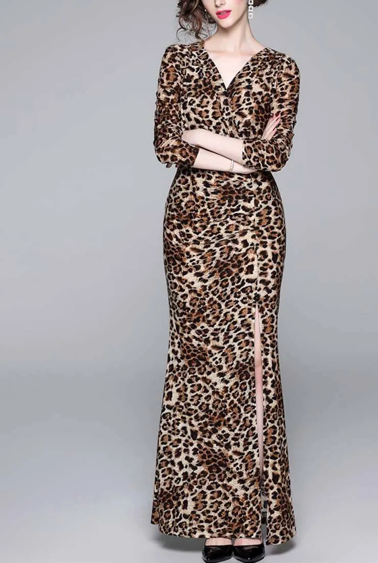Side Slit Leopard Print Maxi Cocktail Dress