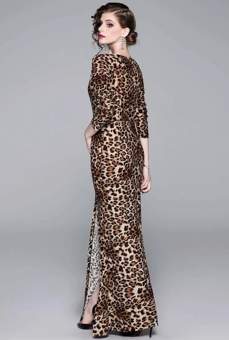 Side Slit Leopard Print Maxi Cocktail Dress