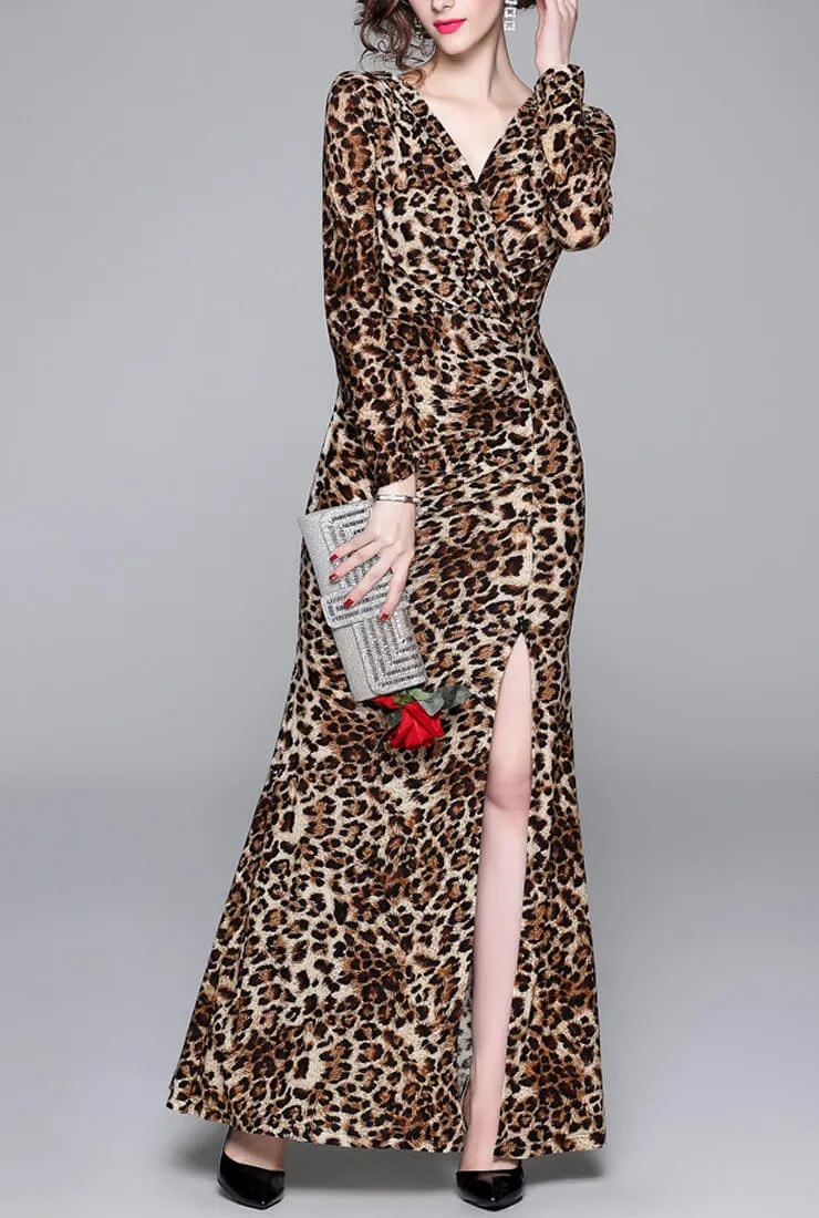 Side Slit Leopard Print Maxi Cocktail Dress