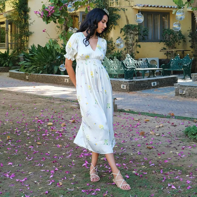 Tencel Midi Dress For Women | V Neck | Puffed Sleeves | Ivory