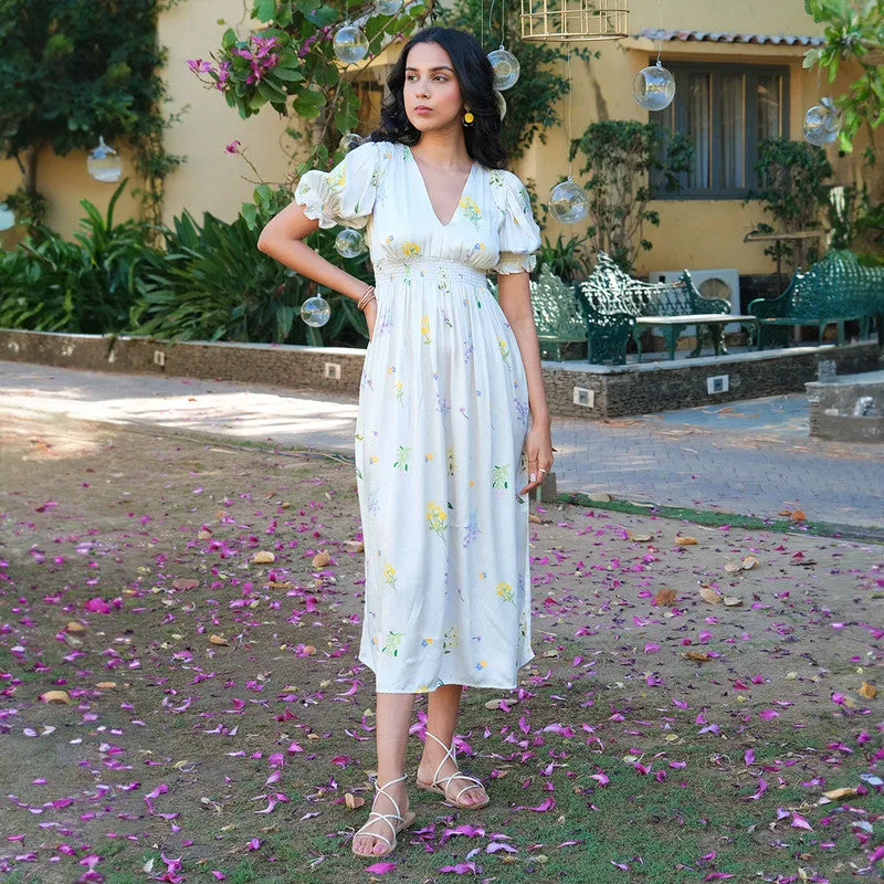 Tencel Midi Dress For Women | V Neck | Puffed Sleeves | Ivory