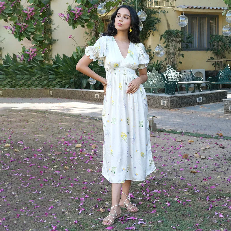 Tencel Midi Dress For Women | V Neck | Puffed Sleeves | Ivory