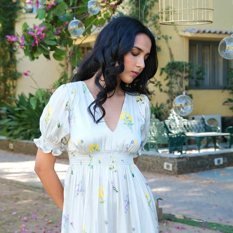 Tencel Midi Dress For Women | V Neck | Puffed Sleeves | Ivory