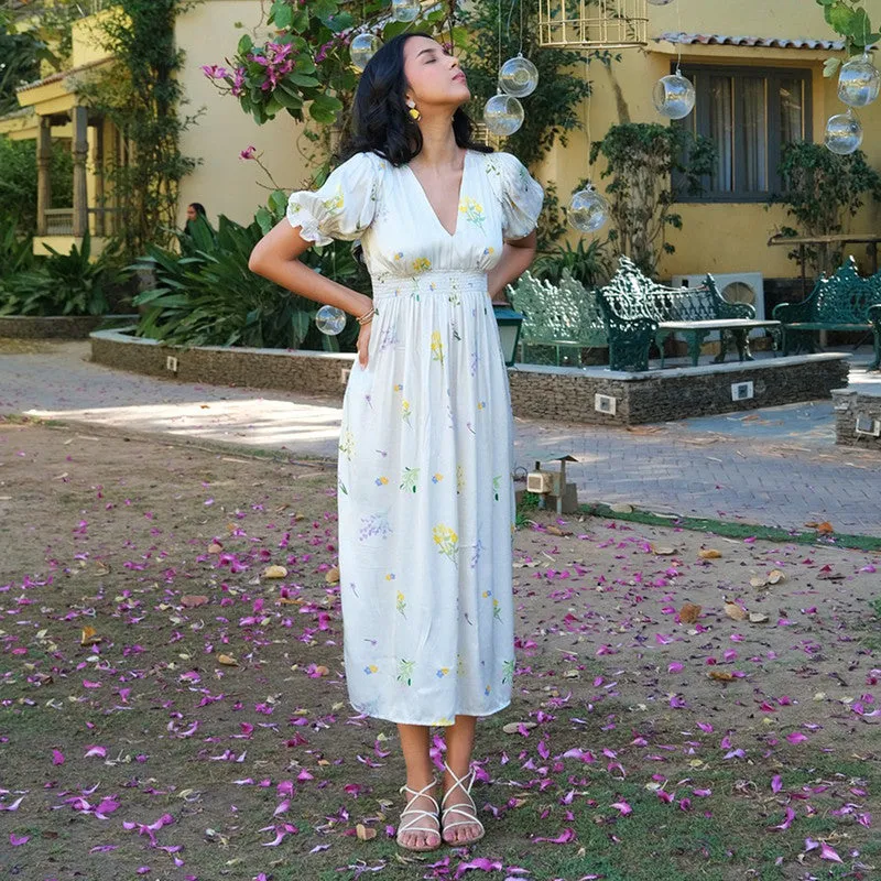 Tencel Midi Dress For Women | V Neck | Puffed Sleeves | Ivory
