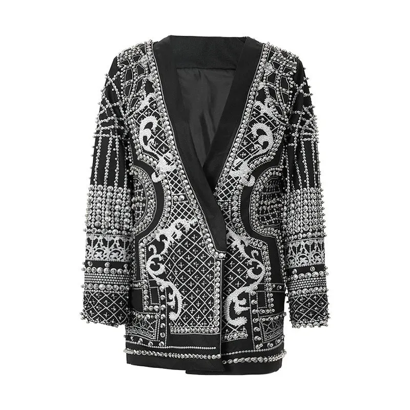 Trend4us Luxury Pearl-Embellished Blazer Jacket