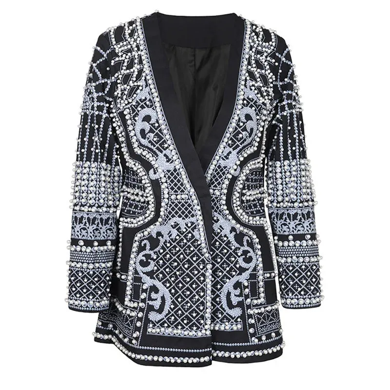 Trend4us Luxury Pearl-Embellished Blazer Jacket