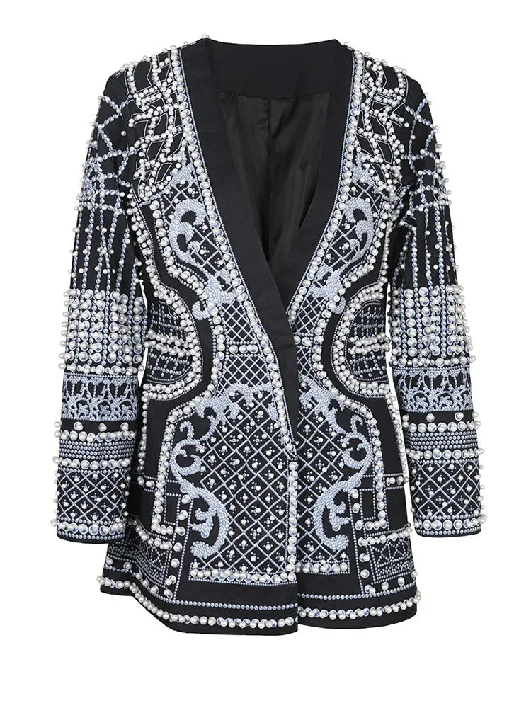 Trend4us Luxury Pearl-Embellished Blazer Jacket