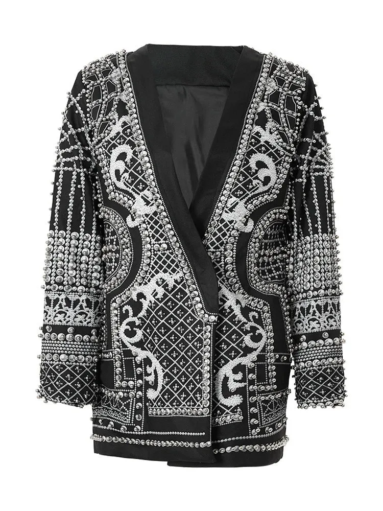Trend4us Luxury Pearl-Embellished Blazer Jacket