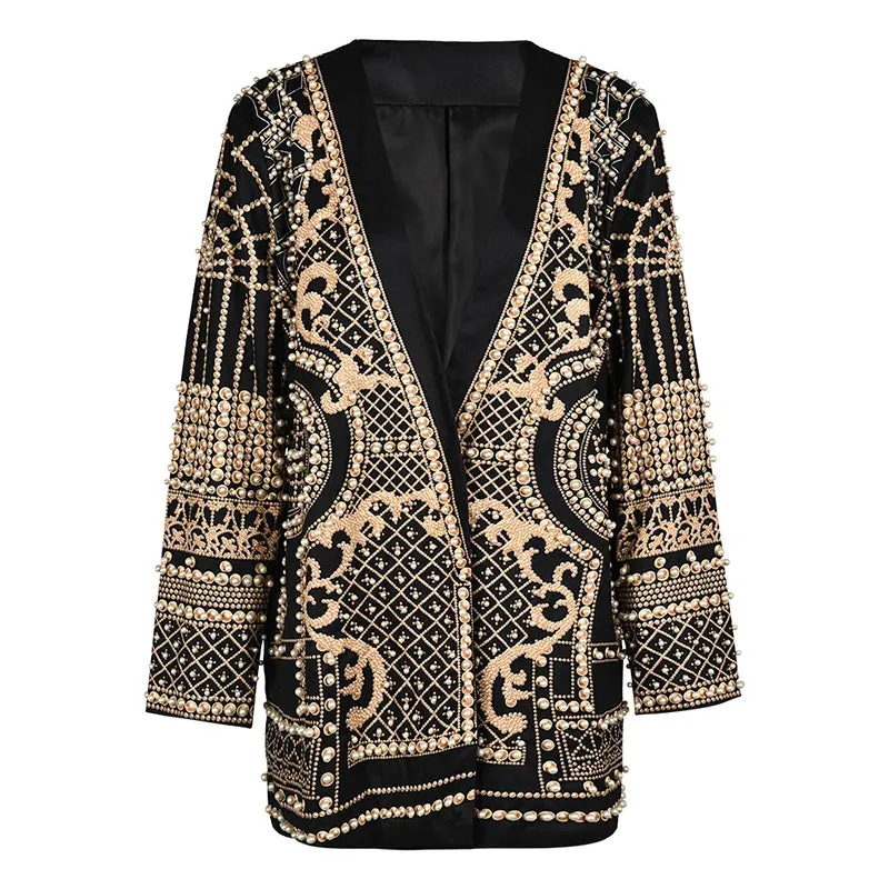 Trend4us Luxury Pearl-Embellished Blazer Jacket