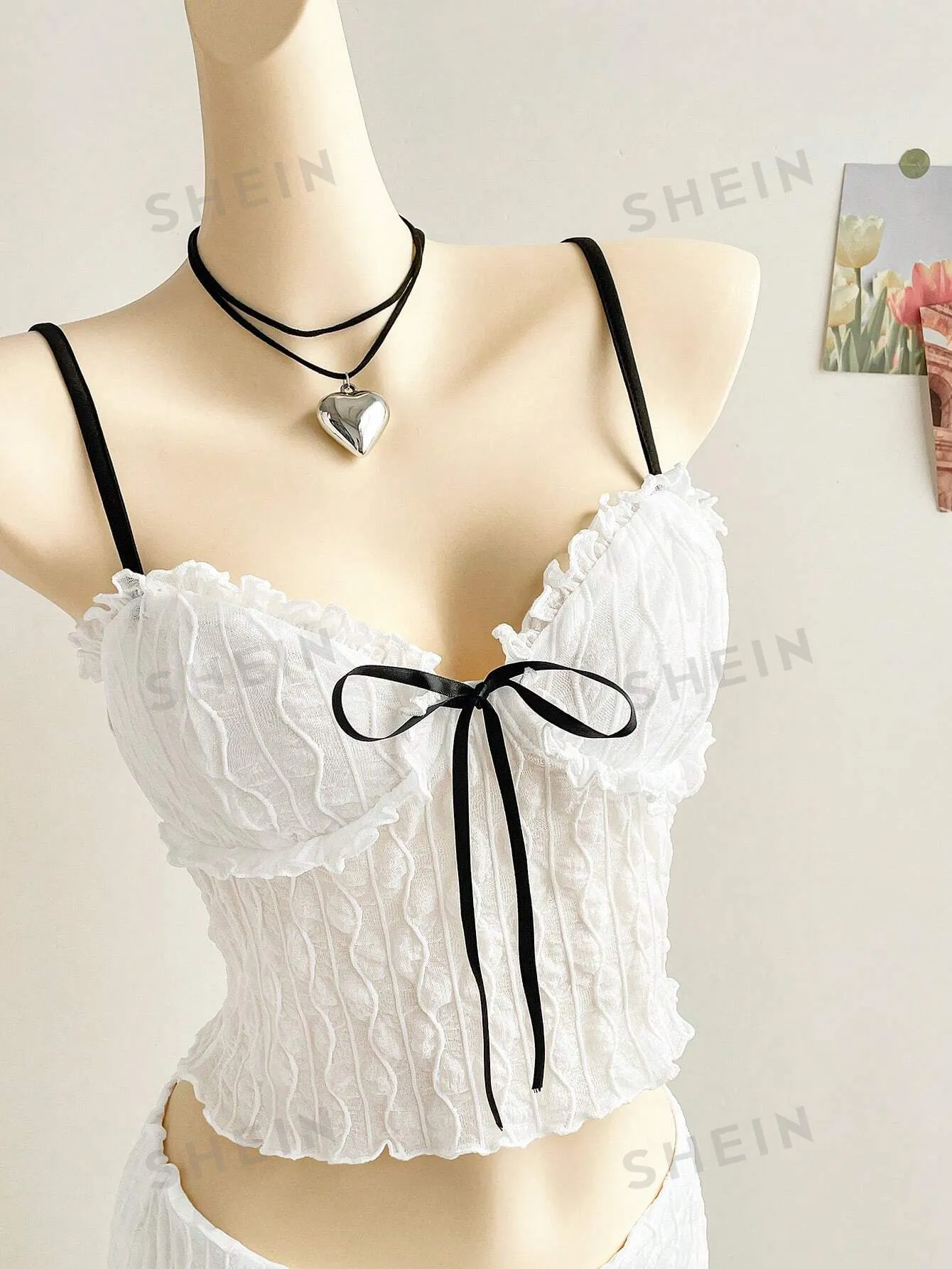 WYWH Vacation White Knitted Textured Chest With Ruffle Design, Black Ribbon Front, Black Shoulder Strap, Fitted Tank Top And Fitted Mini Ruffle Hem Skirt 2 Piece Beach Clothes Outfit Set, For Party/Summer