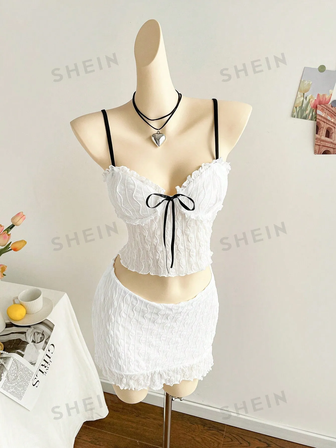 WYWH Vacation White Knitted Textured Chest With Ruffle Design, Black Ribbon Front, Black Shoulder Strap, Fitted Tank Top And Fitted Mini Ruffle Hem Skirt 2 Piece Beach Clothes Outfit Set, For Party/Summer