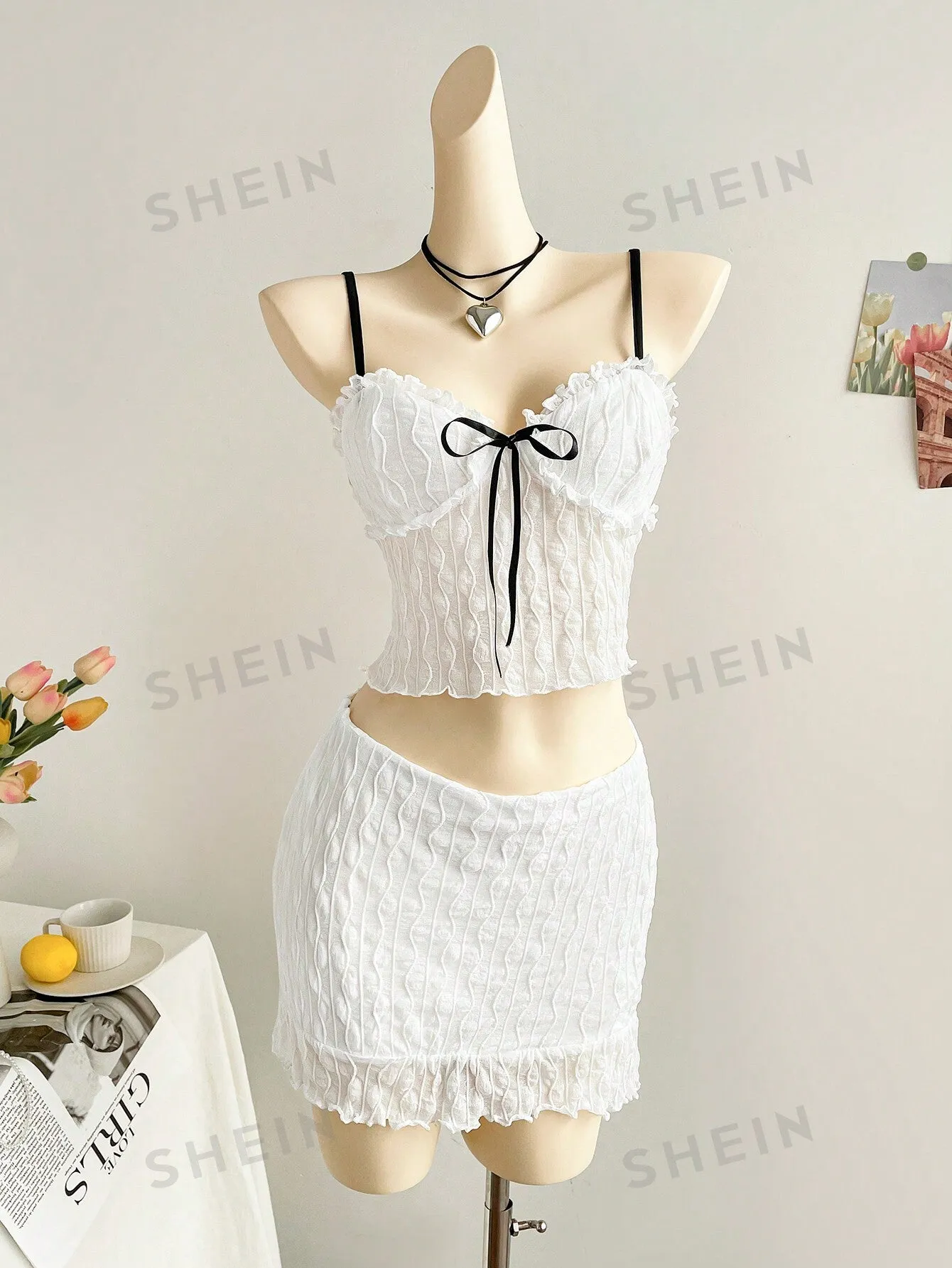 WYWH Vacation White Knitted Textured Chest With Ruffle Design, Black Ribbon Front, Black Shoulder Strap, Fitted Tank Top And Fitted Mini Ruffle Hem Skirt 2 Piece Beach Clothes Outfit Set, For Party/Summer