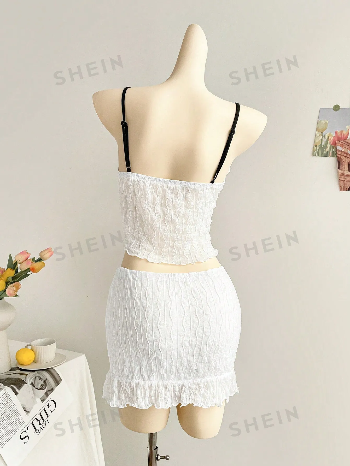 WYWH Vacation White Knitted Textured Chest With Ruffle Design, Black Ribbon Front, Black Shoulder Strap, Fitted Tank Top And Fitted Mini Ruffle Hem Skirt 2 Piece Beach Clothes Outfit Set, For Party/Summer