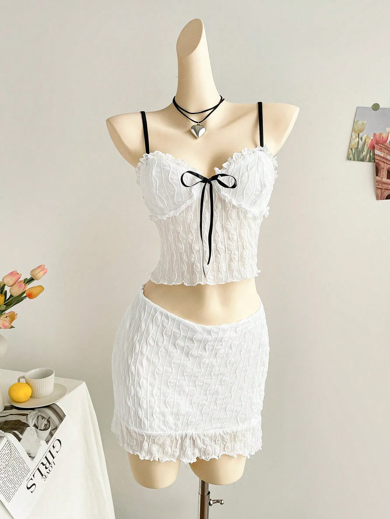 WYWH Vacation White Knitted Textured Chest With Ruffle Design, Black Ribbon Front, Black Shoulder Strap, Fitted Tank Top And Fitted Mini Ruffle Hem Skirt 2 Piece Beach Clothes Outfit Set, For Party/Summer