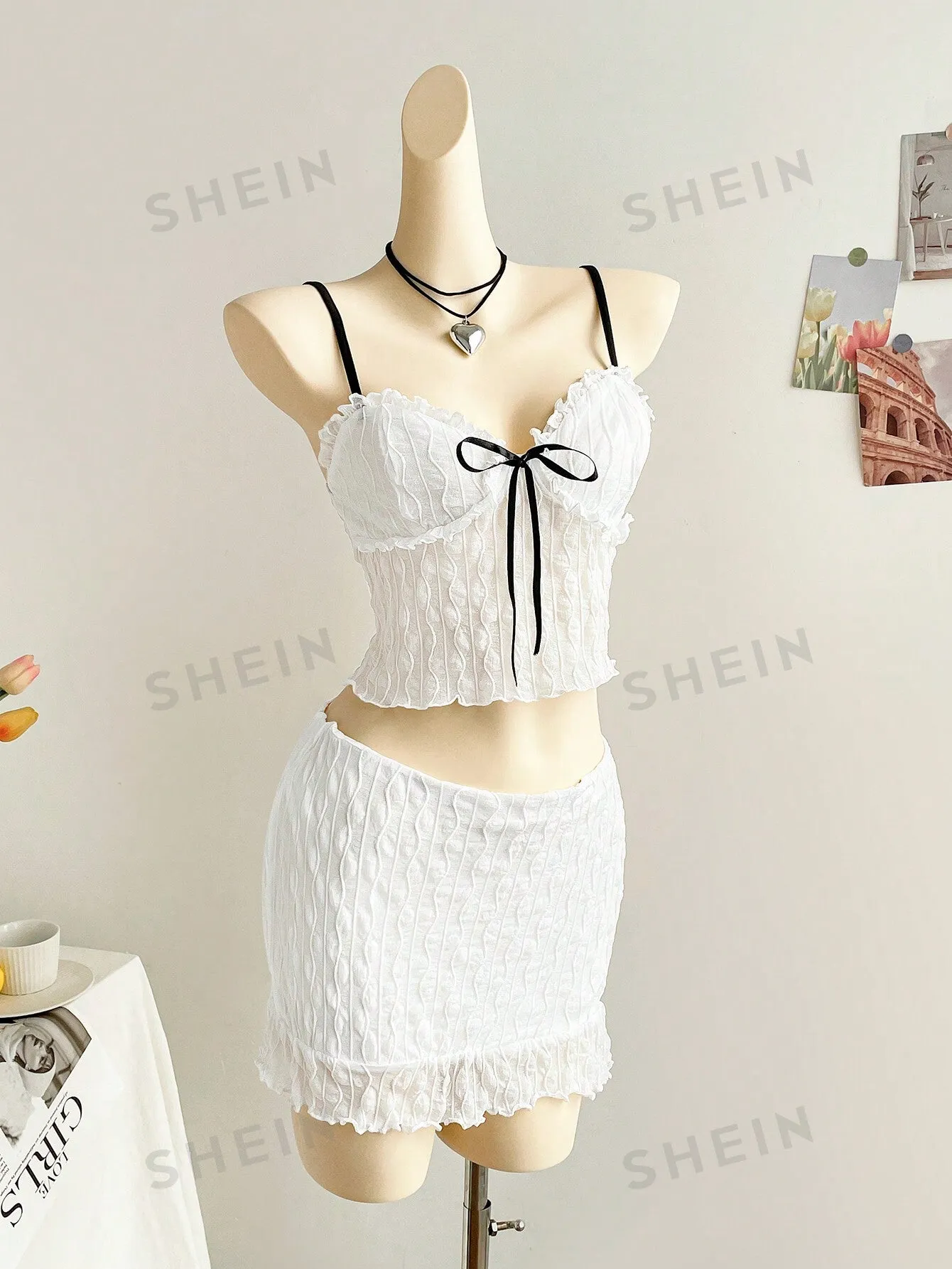 WYWH Vacation White Knitted Textured Chest With Ruffle Design, Black Ribbon Front, Black Shoulder Strap, Fitted Tank Top And Fitted Mini Ruffle Hem Skirt 2 Piece Beach Clothes Outfit Set, For Party/Summer