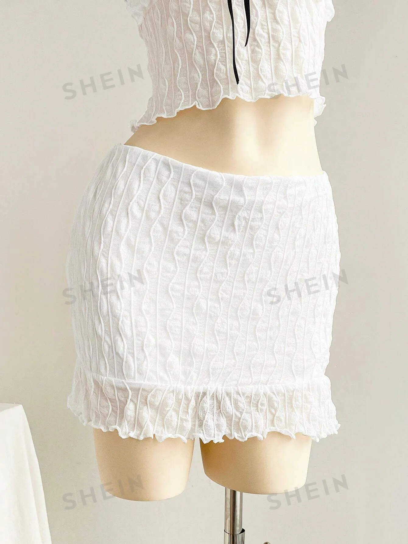 WYWH Vacation White Knitted Textured Chest With Ruffle Design, Black Ribbon Front, Black Shoulder Strap, Fitted Tank Top And Fitted Mini Ruffle Hem Skirt 2 Piece Beach Clothes Outfit Set, For Party/Summer