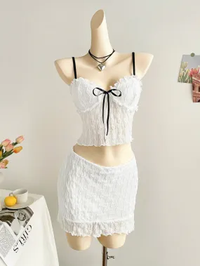 WYWH Vacation White Knitted Textured Chest With Ruffle Design, Black Ribbon Front, Black Shoulder Strap, Fitted Tank Top And Fitted Mini Ruffle Hem Skirt 2 Piece Beach Clothes Outfit Set, For Party/Summer