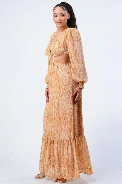Yellow V Neck Self Belted Side Cut Out Ruffled Long Sleeve Maxi Cocktail Club Party Evening Dress
