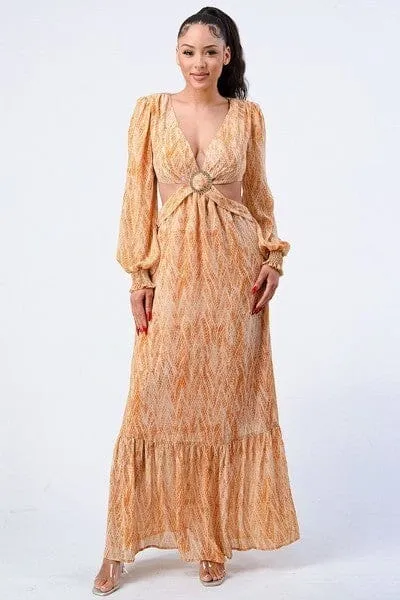 Yellow V Neck Self Belted Side Cut Out Ruffled Long Sleeve Maxi Cocktail Club Party Evening Dress