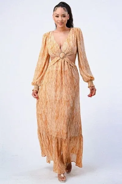 Yellow V Neck Self Belted Side Cut Out Ruffled Long Sleeve Maxi Cocktail Club Party Evening Dress